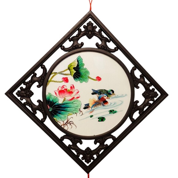 Asian Two Side Porcelain Plate Carved Brown Frame Red Tassel Wall Decor 32in - Picture 3 of 5